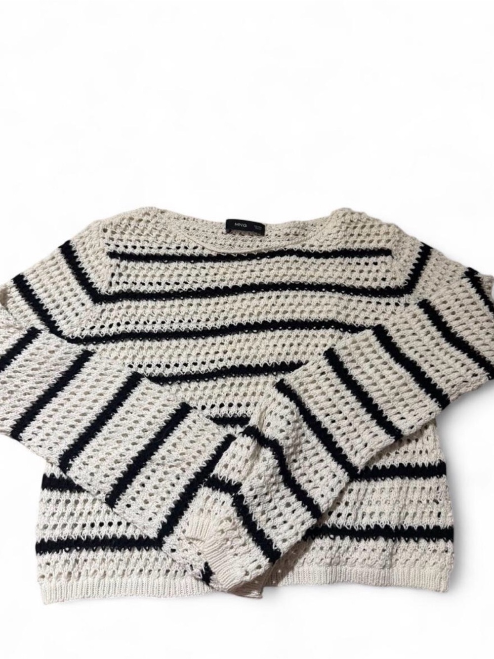 🤍 Mango Cream & Black Crochet Striped Sweater